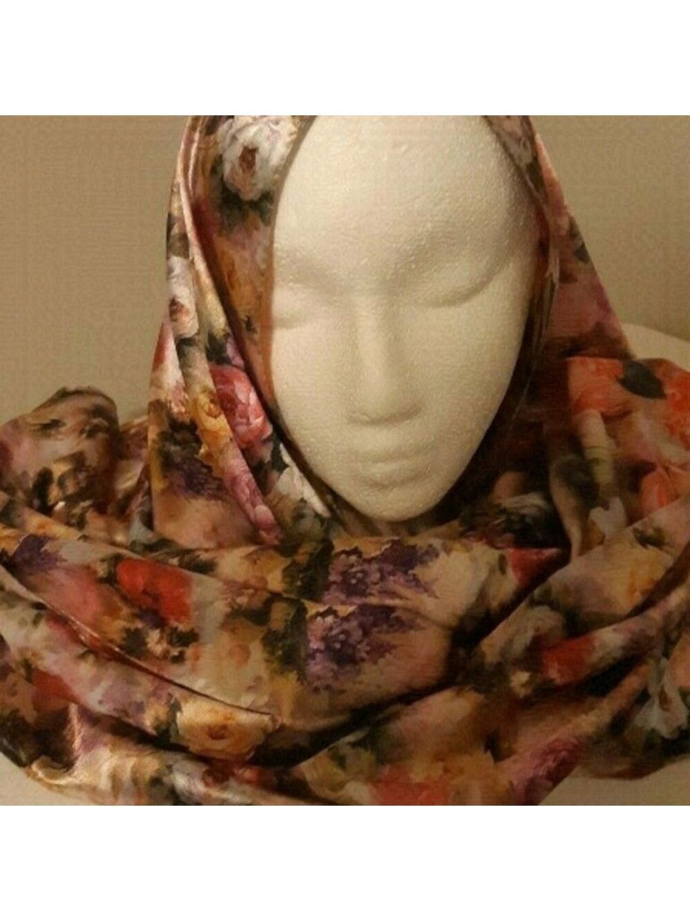 Silky feel ROSES FLORAL REVERSIBLE scarf shawl hand rolled edges 30x64" chic mod